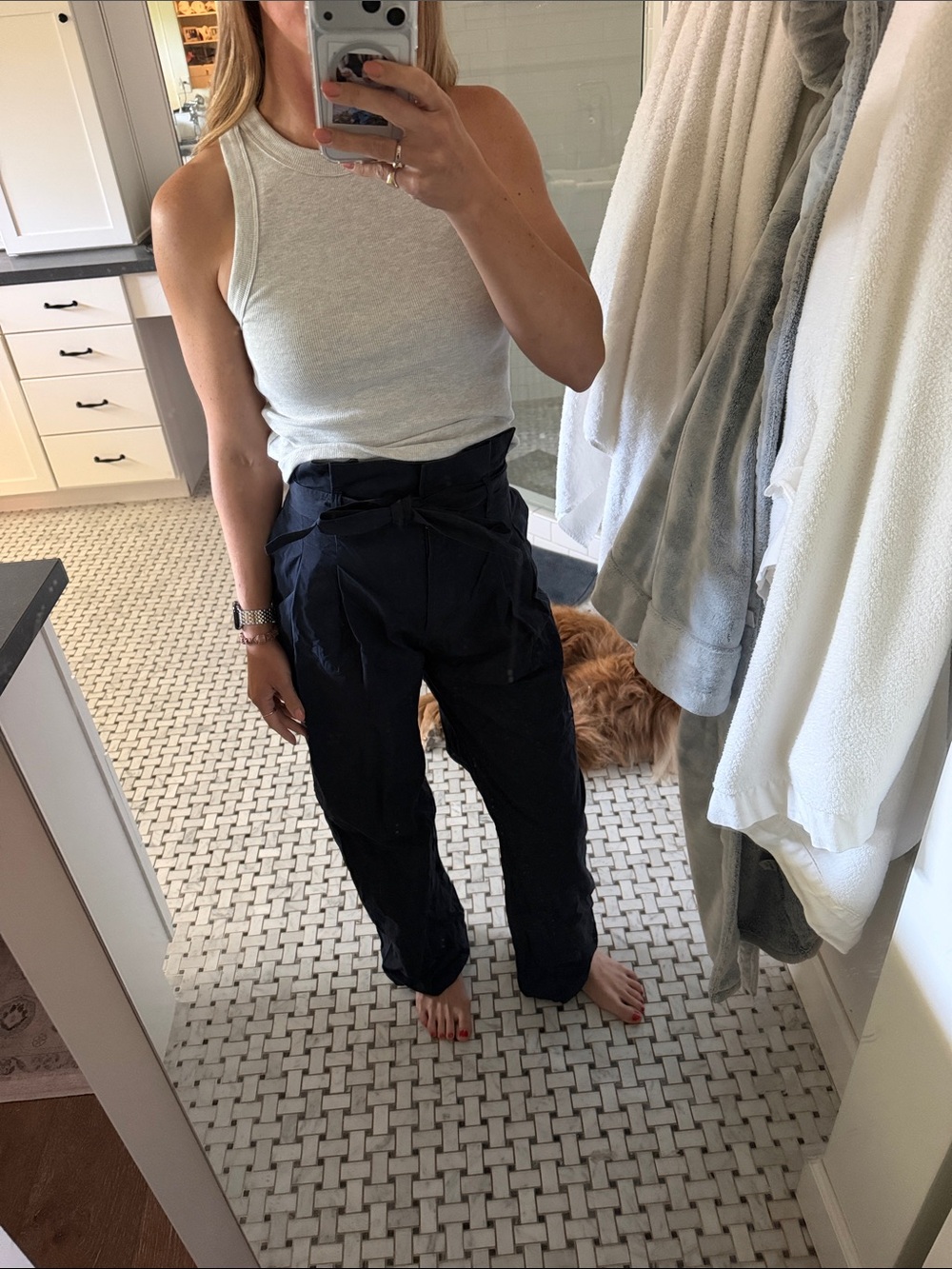 COS Navy High-Waist Paperbag Tie Trousers